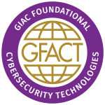 A circular badge for GIAC Foundational Cybersecurity Technologies (GFACT). Coloured edging in Purple with writing over and a gold centre with the word GFACT