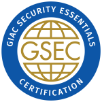 A circular badge for GIAC 	
Security Essentials (GSEC). Coloured edging in Blue with writing over and a gold centre with the word GSEC
